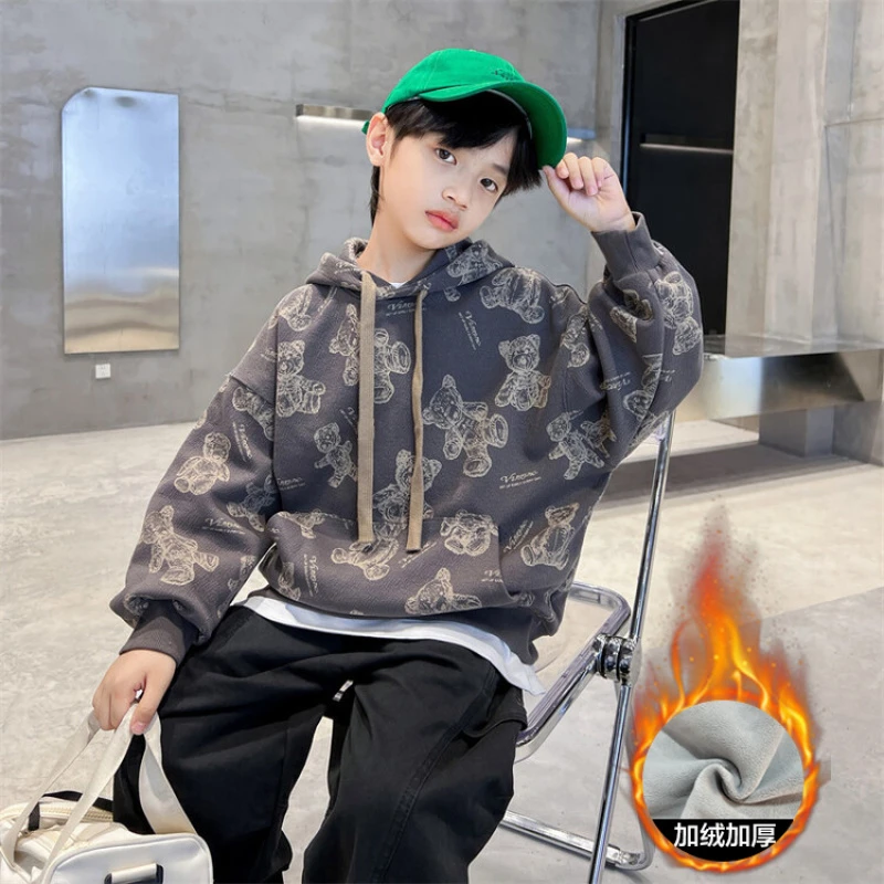 【加绒款】儿童装2024冬季新款韩版男童加绒卫衣连帽外穿中大童上衣