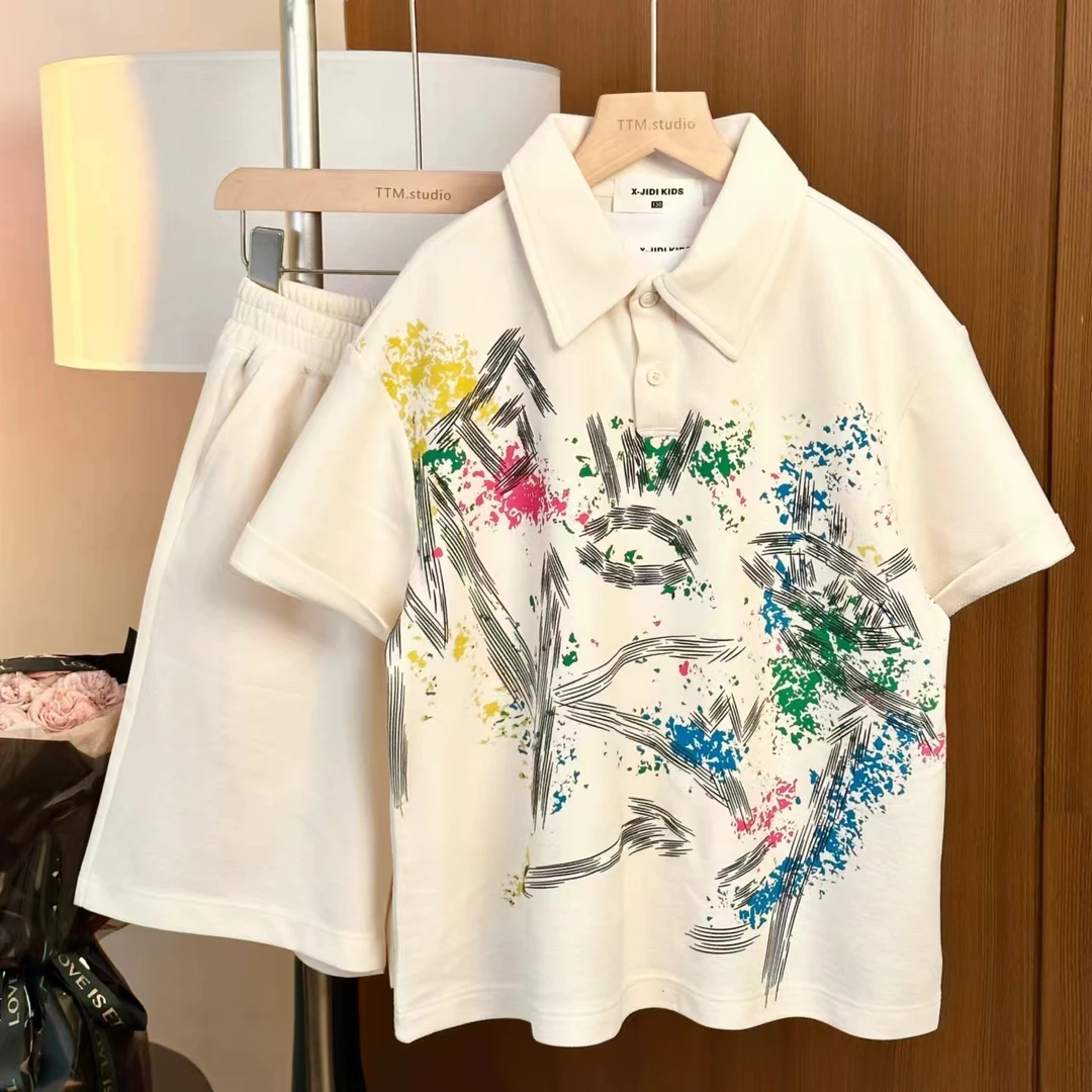 儿童Polo衫休闲夏季宽松套装韩版涂鸦印花潮流翻领中大童洋气夏款