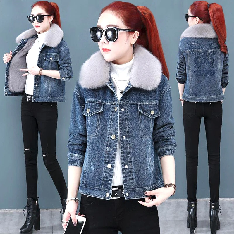 牛仔外套加绒加厚时尚百搭棉衣棉服宽松大码显瘦小个子冬季牛仔衣