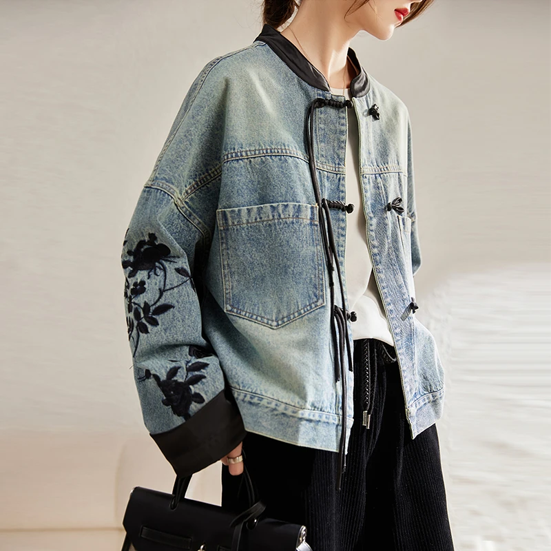 牛仔外套女春秋时尚气质春季宽松重工水洗拼接潮流女装牛仔短款