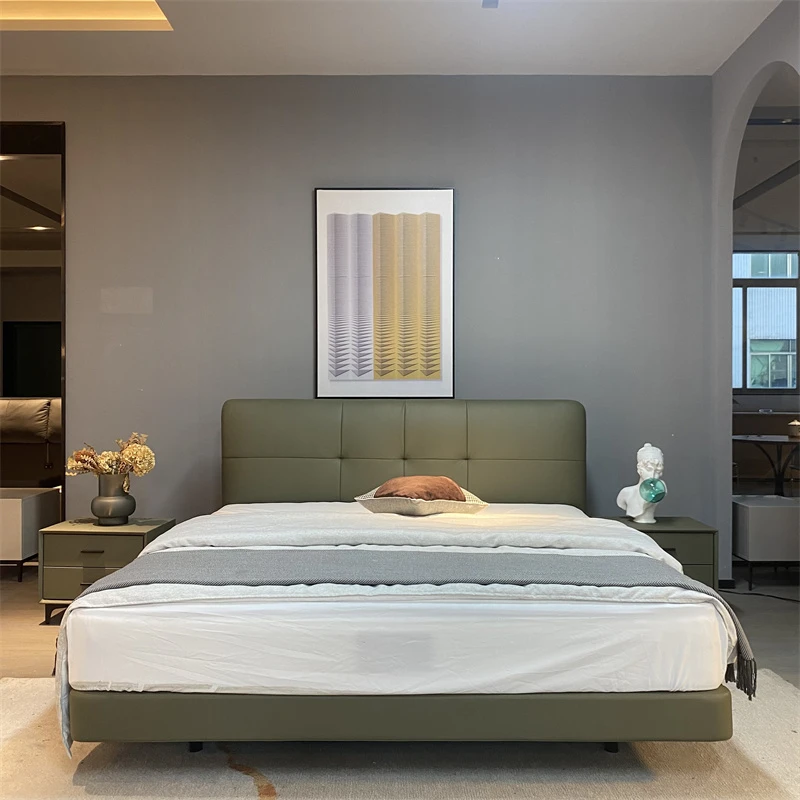 《抹茶豆丁床》头层牛皮双人大床创意主卧单人意式婚床轻奢真皮床