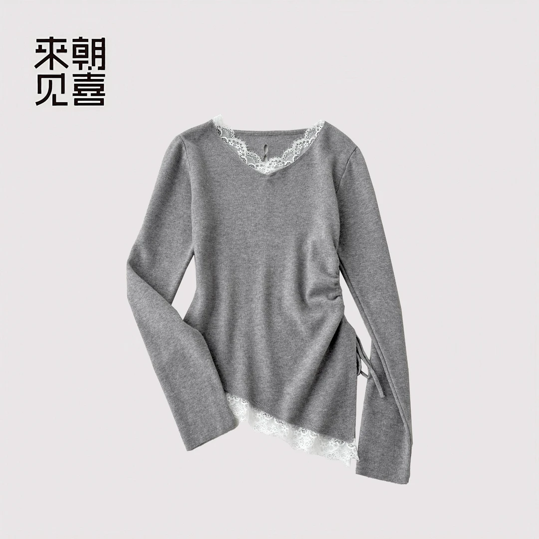 正肩v领长袖蕾丝边修身早秋季新款设计感小众短款打底上衣9991