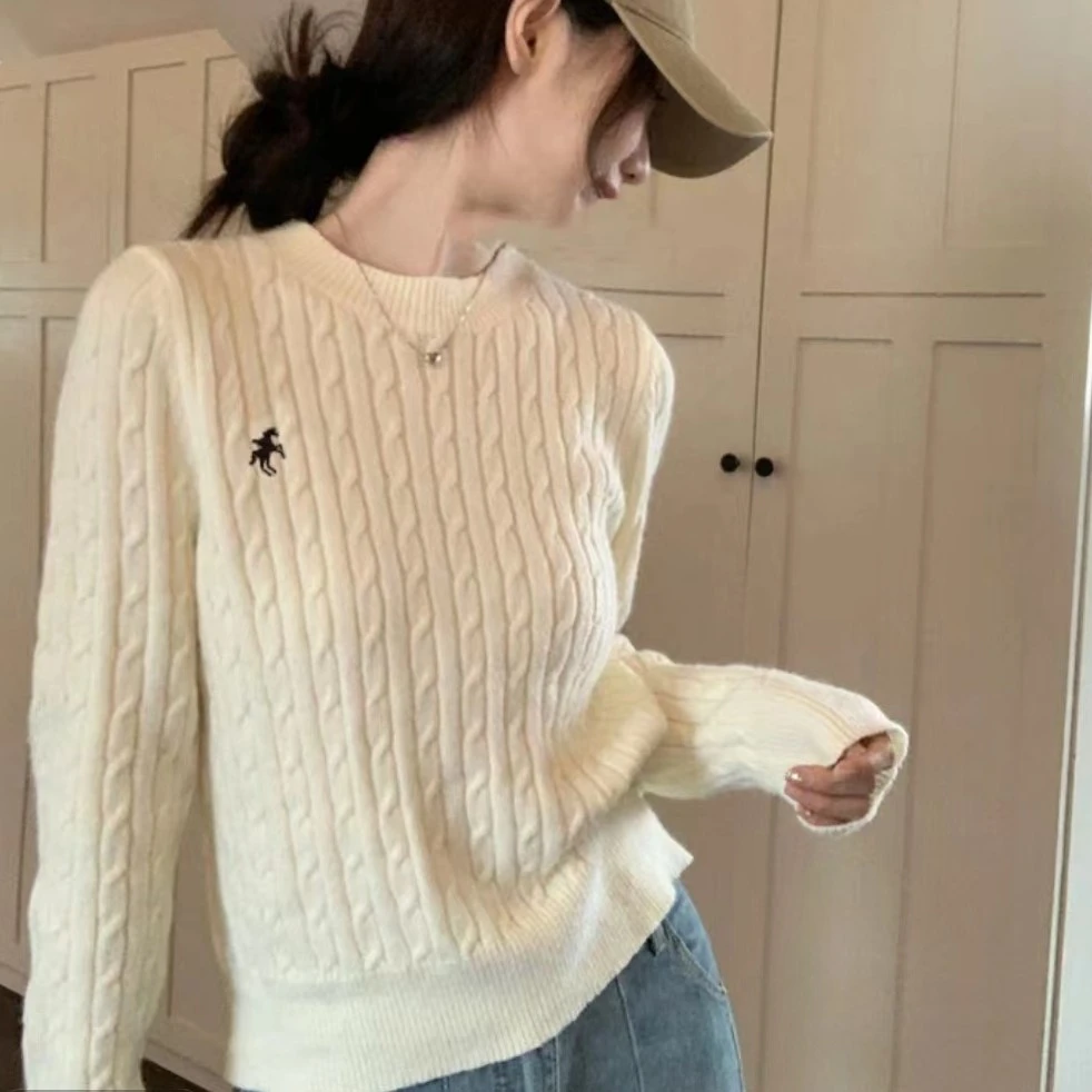 新款时尚洋气麻花毛衣女宽松显瘦百搭刺绣长袖针织衫圆领打底衫女