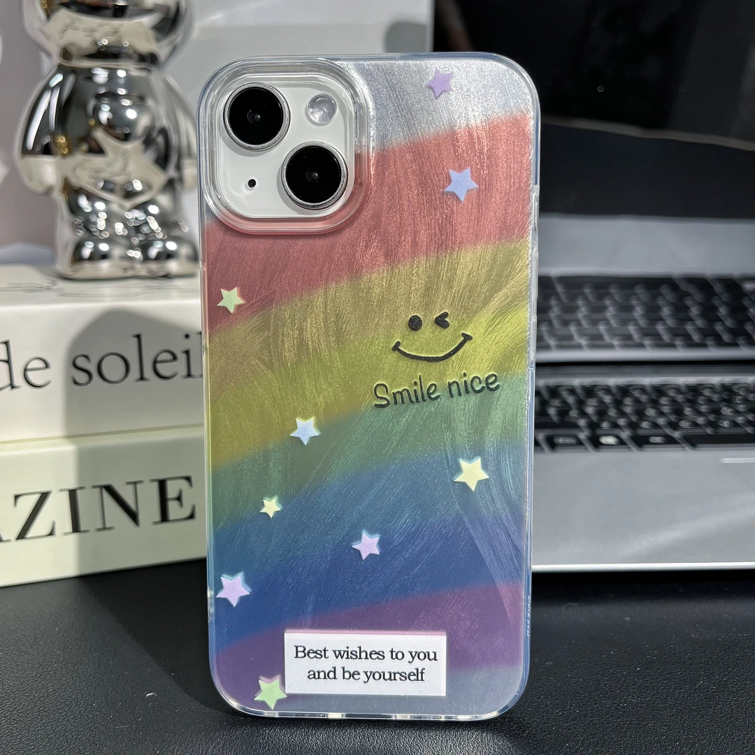 适用苹果15iPhone13/14华为vivo小米oppo彩虹笑脸手机壳羽纱防摔