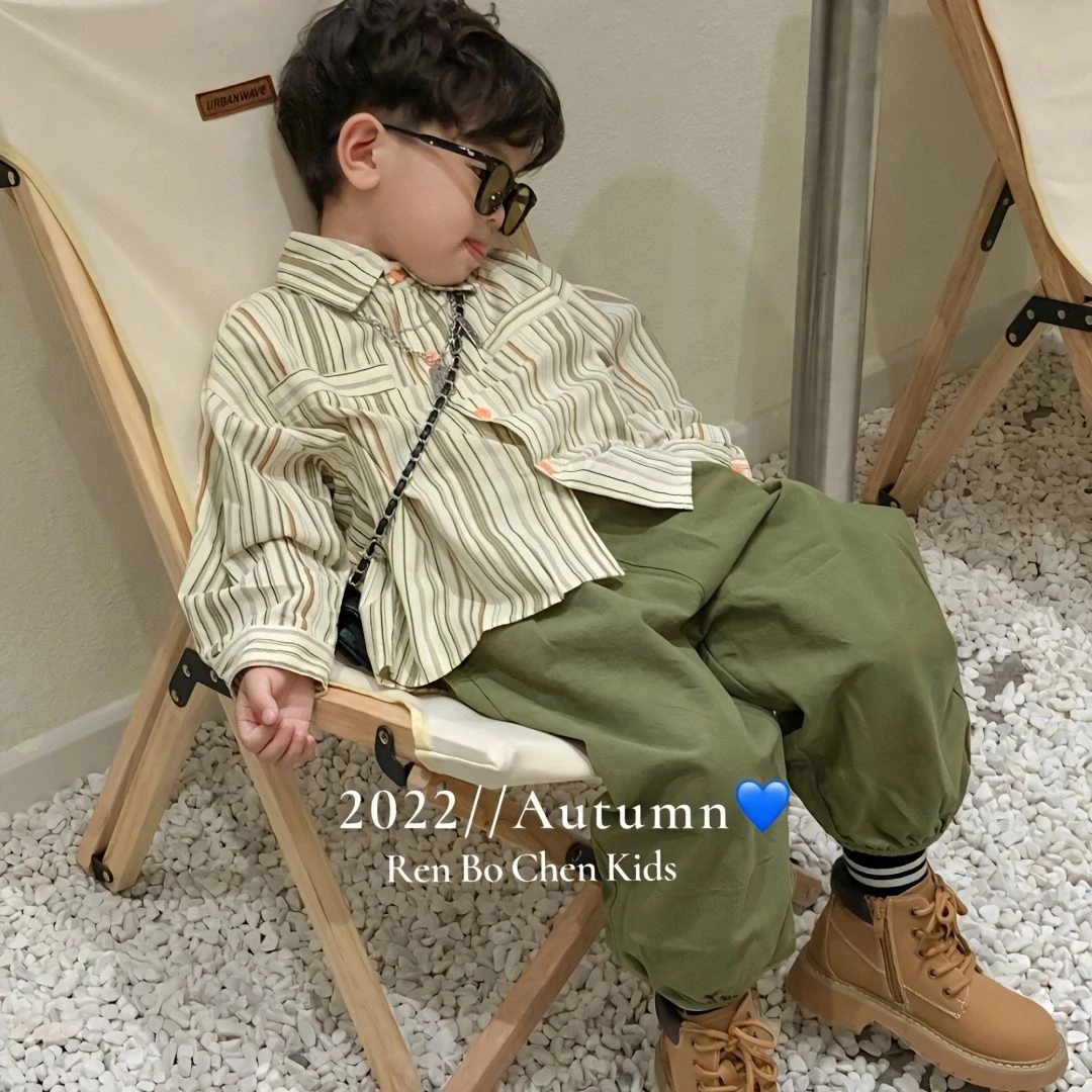 男童套装2024春秋新款帅气时尚条纹衬衫上衣工装裤儿童宝宝两件套