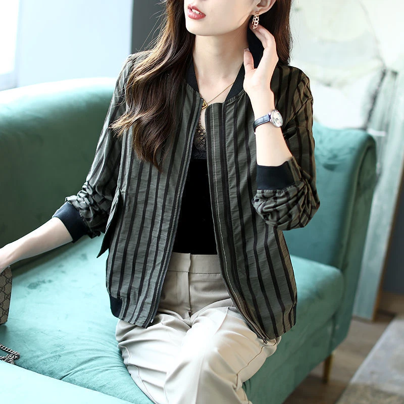 棉质2023春秋新款韩版宽松条纹印花棒球服圆领长袖薄款短外套女潮
