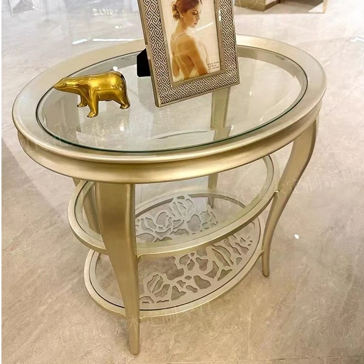 美式轻奢椭圆形边角几双层玻璃面花架网红家用别墅客厅奢华咖啡桌