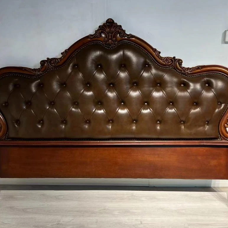 欧美实木美式雕刻皮大床欧美实木雕刻床头柜玫瑰花雕刻床头柜主卧