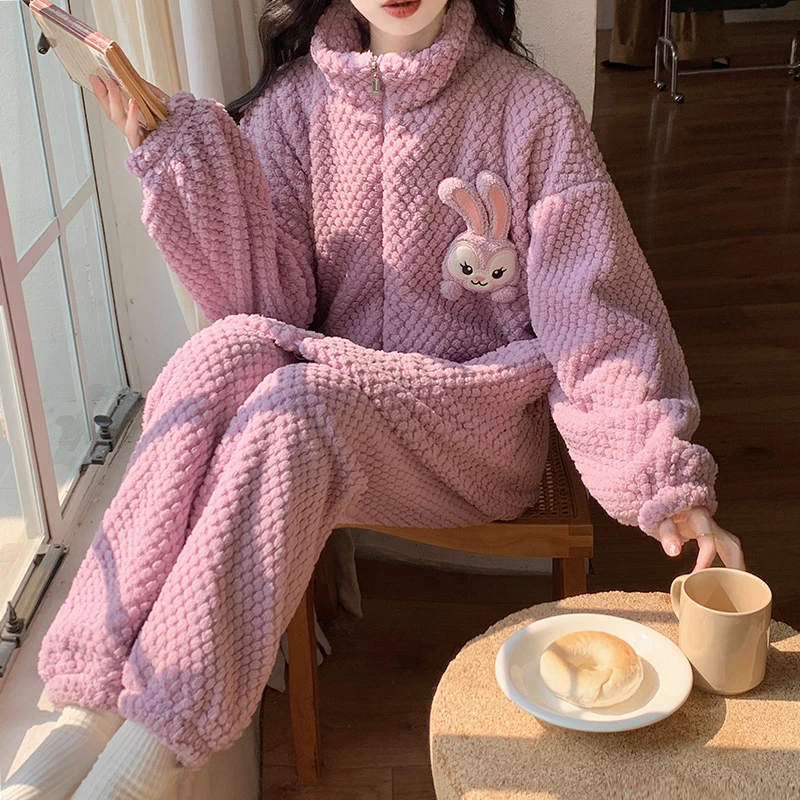 【草莓优选】珊瑚绒睡衣女秋冬季加厚加绒卡通可爱家居服两件套装