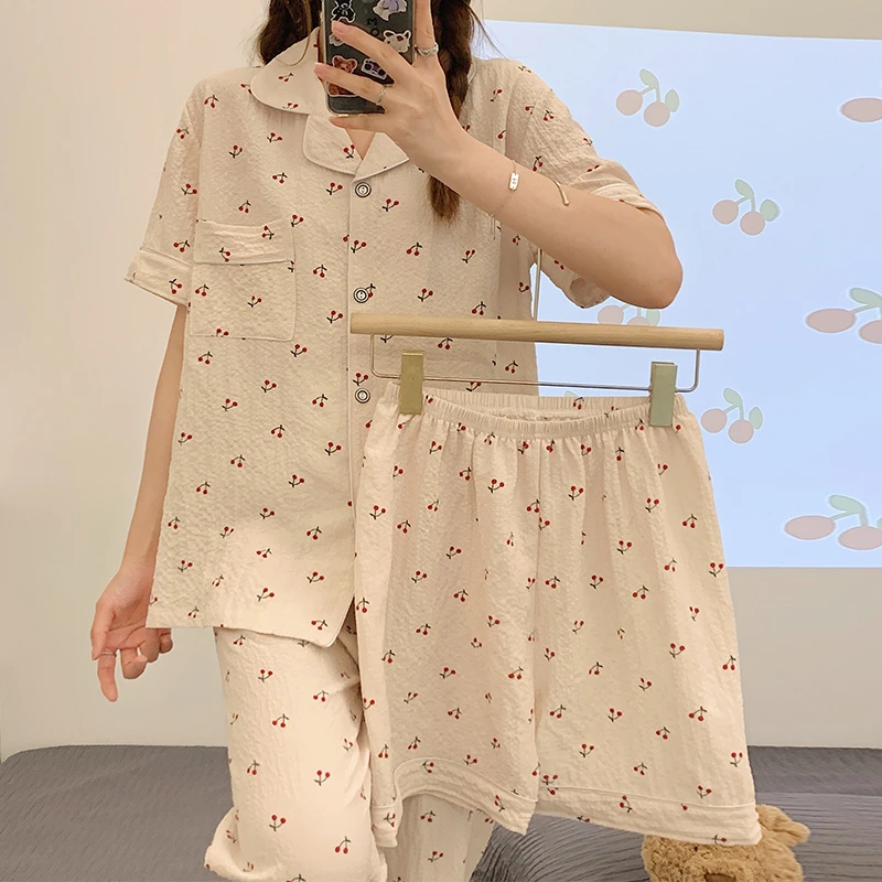 【Lucky优选】睡衣女夏季皱布短袖甜美家居服三件套装