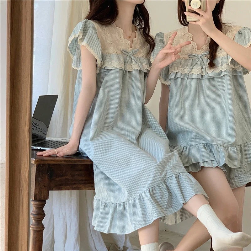 【Lucky优选】蕾丝公主风睡衣女夏季短袖泡泡棉甜美家居服睡裙套装