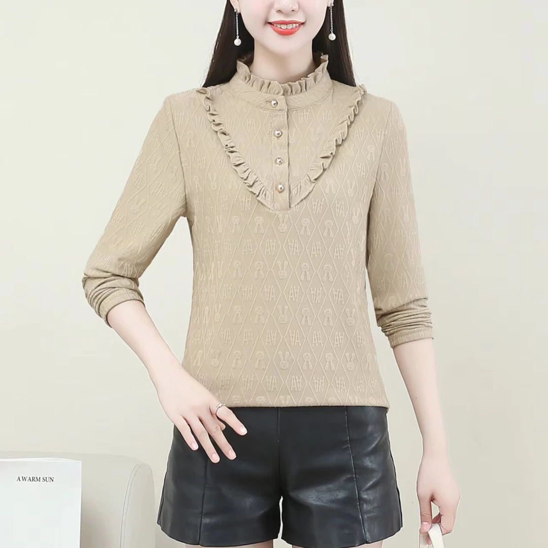 【大码显瘦木耳花边领】2024女士内搭秋冬装洋气提花加绒长袖打底衫