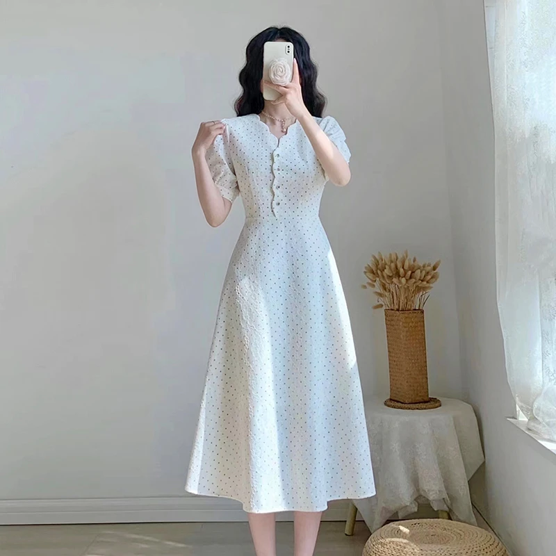 2024夏季新款女装裙子法式复古温柔风长裙收腰显瘦气质波点连衣裙