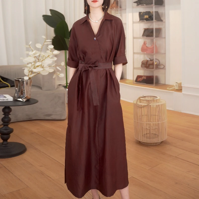 夏季新款2024年大牌杭州香云纱真丝连衣裙女气质妈妈桑蚕丝裙子