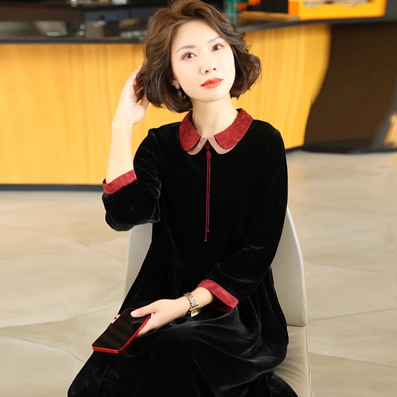 时尚印花真丝丝绒女士连衣裙气质妈妈2024新款复古黑色夏季春秋