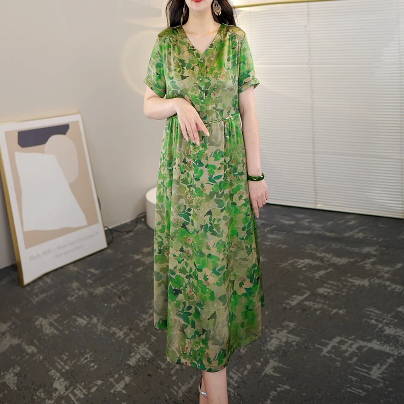 真丝杭州连衣裙夏2024新款桑蚕丝女装连衣裙妈妈宽松连衣裙