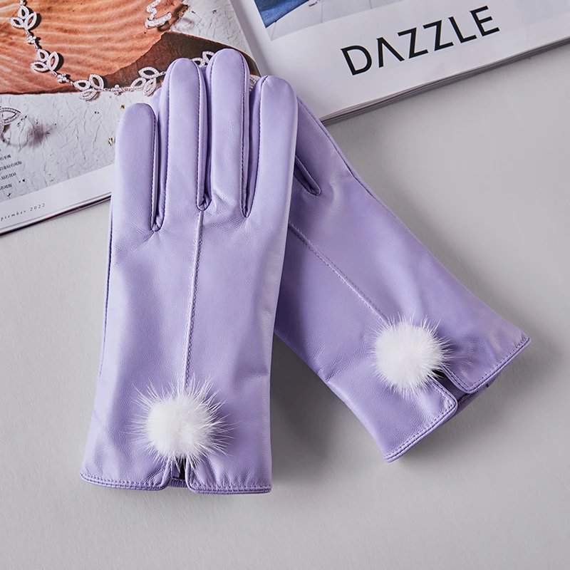 【直播专享】紫色真皮手套时尚保暖加绒加厚女士冬季韩版防风防寒