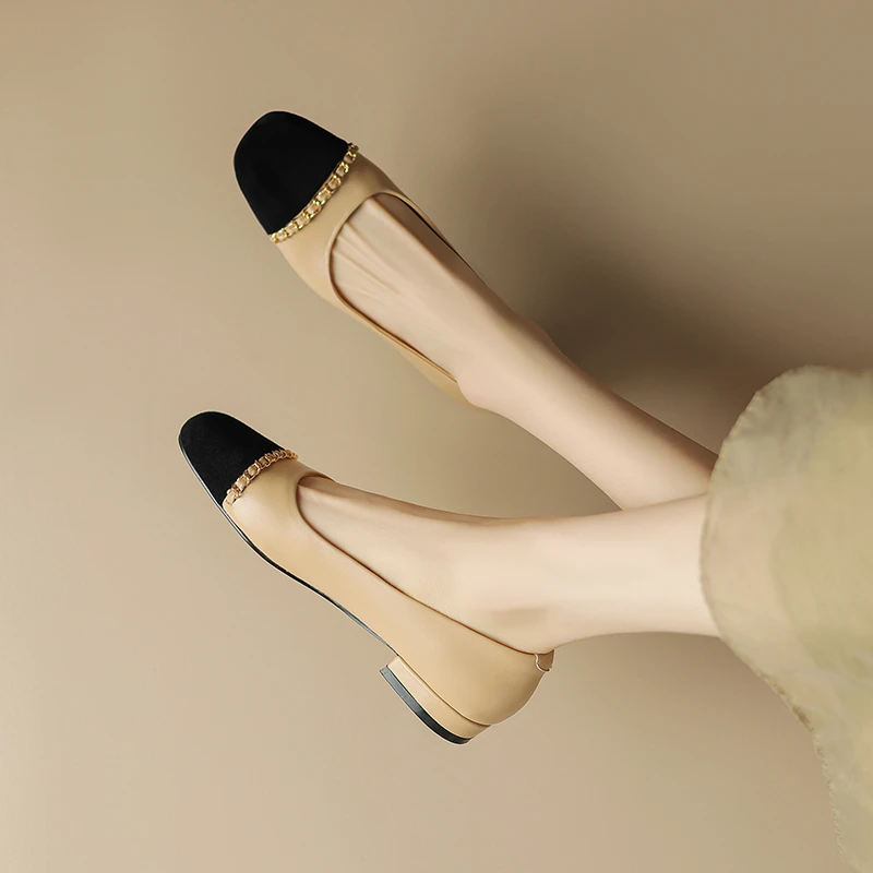 羊皮软底粗跟奶奶鞋百搭低跟休闲鞋浅口女单小香风软底女式浅跟鞋