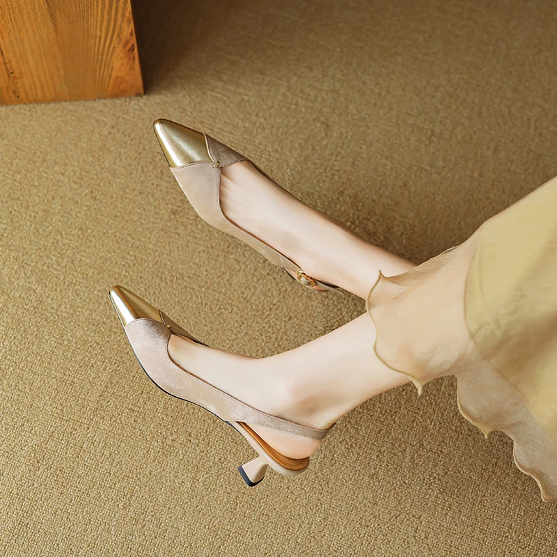 牛皮气质浅口高跟鞋细跟尖头小众时尚浅口凉鞋百女士尖头中空浅口