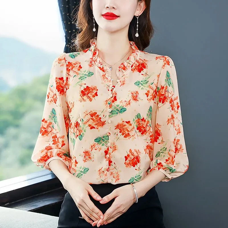 碎花雪纺衬衫女2023春夏新款遮肚子显瘦大码胖MM妈妈宽松衬衣小衫