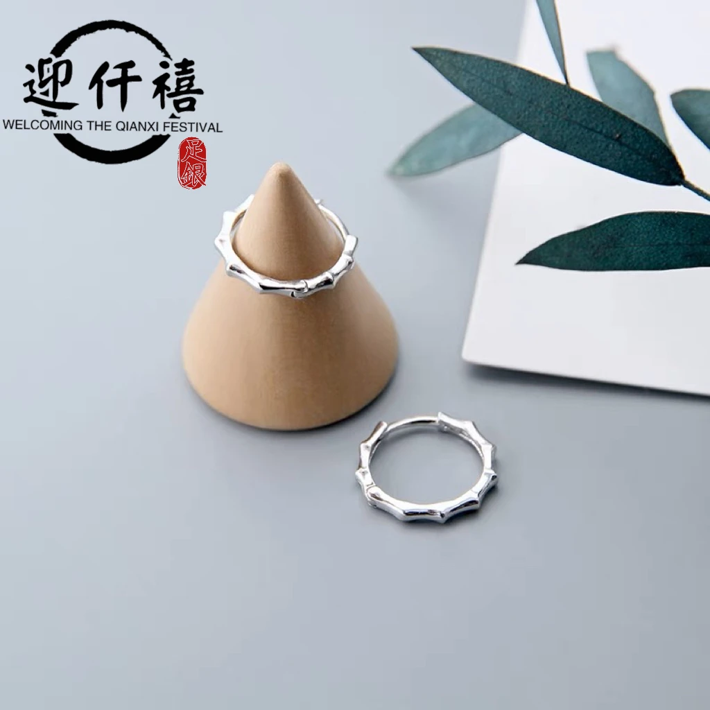 迎仟禧 足银耳饰 990纯银竹节耳圈女士简约森系耳钉个性小众设计