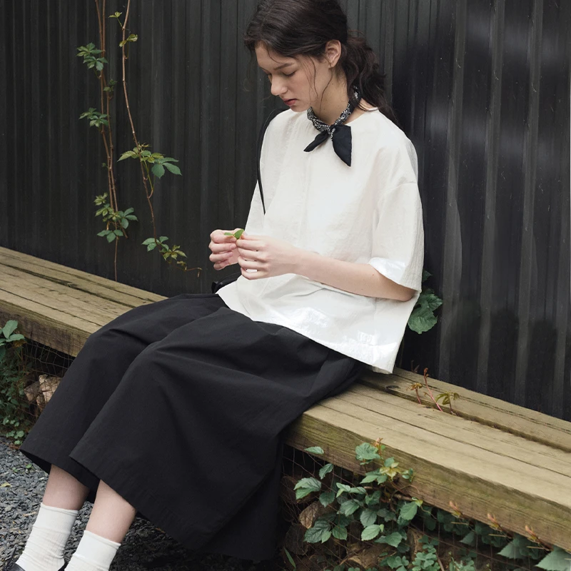 存白CUNBAI学院风上衣衬衣女落肩短袖设计感廓形衬衫高智淡人穿搭