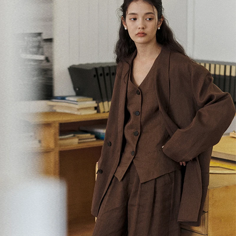 存白CUNBAI  文艺复古老钱风套装青果领亚麻西装三件套淡人穿搭