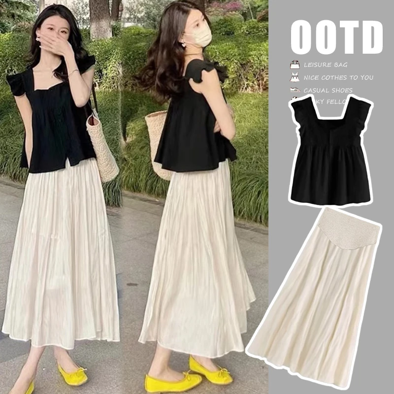 孕妇甜美宽松休闲小飞袖娃娃衫方领上衣夏季+托腹半身裙洋气半裙