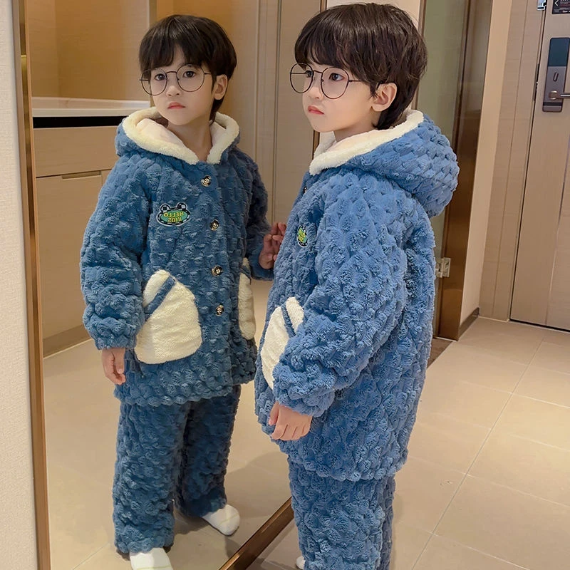 冬季儿童家居服加绒加厚款三层夹棉男童保暖棉袄套装女孩睡衣男孩