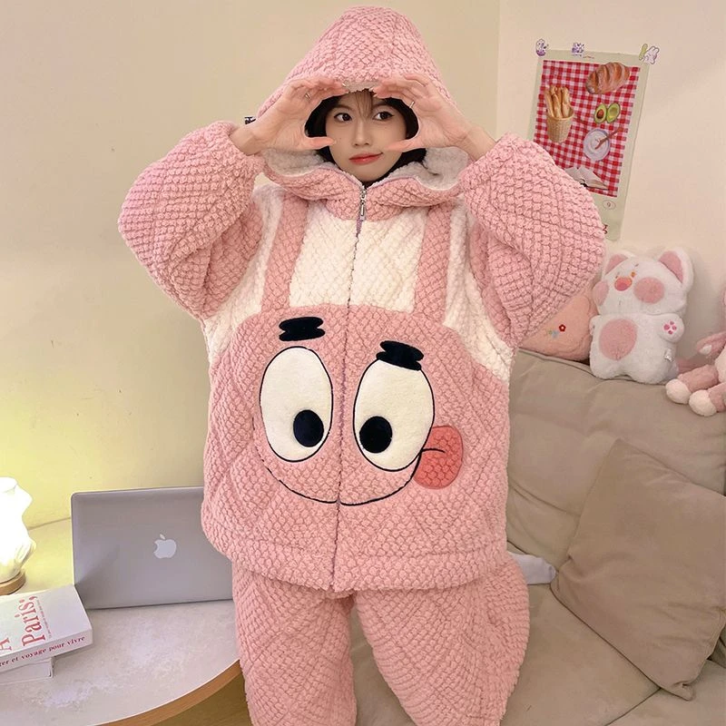 2024年睡衣女士冬季三层加厚保暖珊瑚绒夹棉套装棉袄家居服套装女