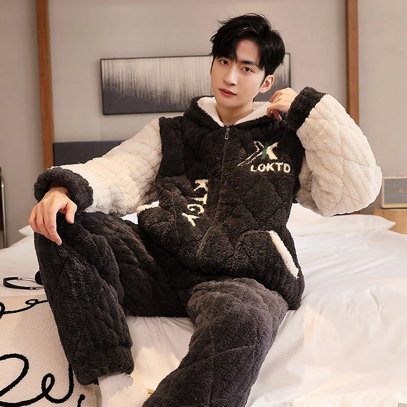 睡衣男士冬加绒加厚三层夹棉珊瑚绒2024年新款大码冬天家居服套装