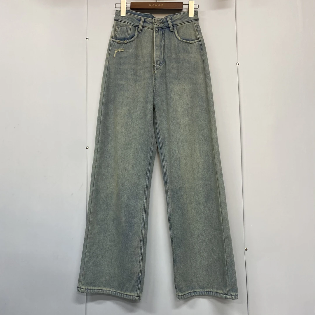 秋冬复古水洗做旧高腰直筒阔腿牛仔裤女加绒加厚宽松拖地裤8568薇