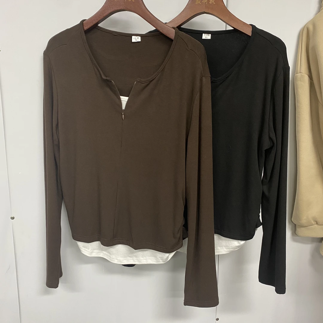 巨柔软时尚假两件拼接长袖T恤女修身显瘦打底衫