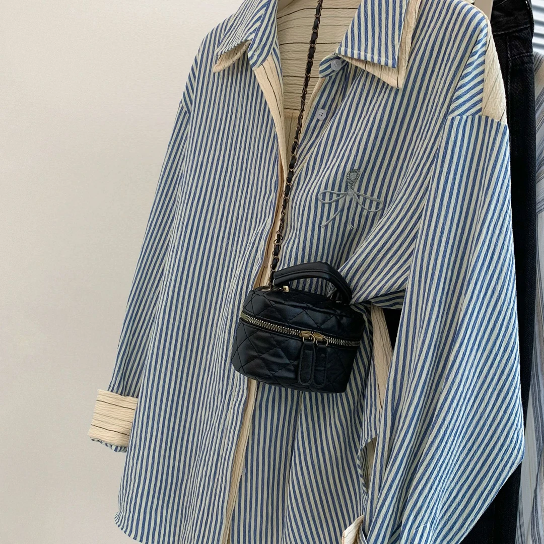 衬衫女时尚休闲百搭复古宽松小众气质韩版条纹春秋季衬衫女款外穿