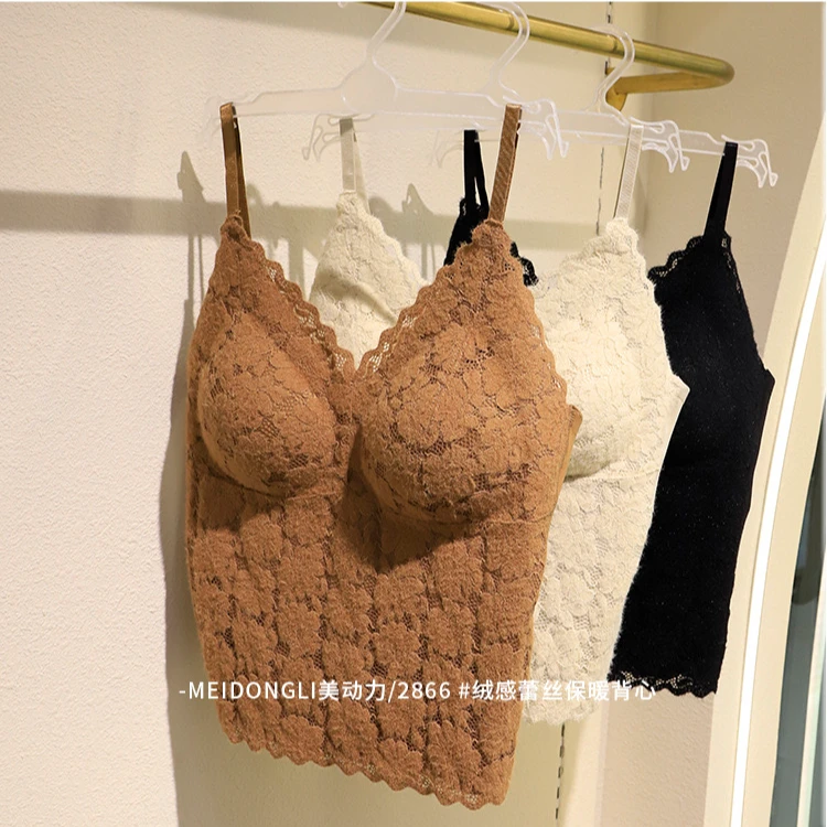 法式无痕蕾丝秋冬内衣女带胸垫固定杯打底美背背心文胸一体吊带