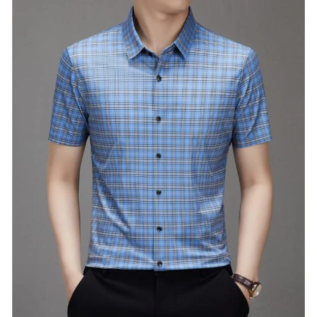 9555印花夏季短袖无痕免熨衬衣中年薄款弹力男士商务衬衫休闲