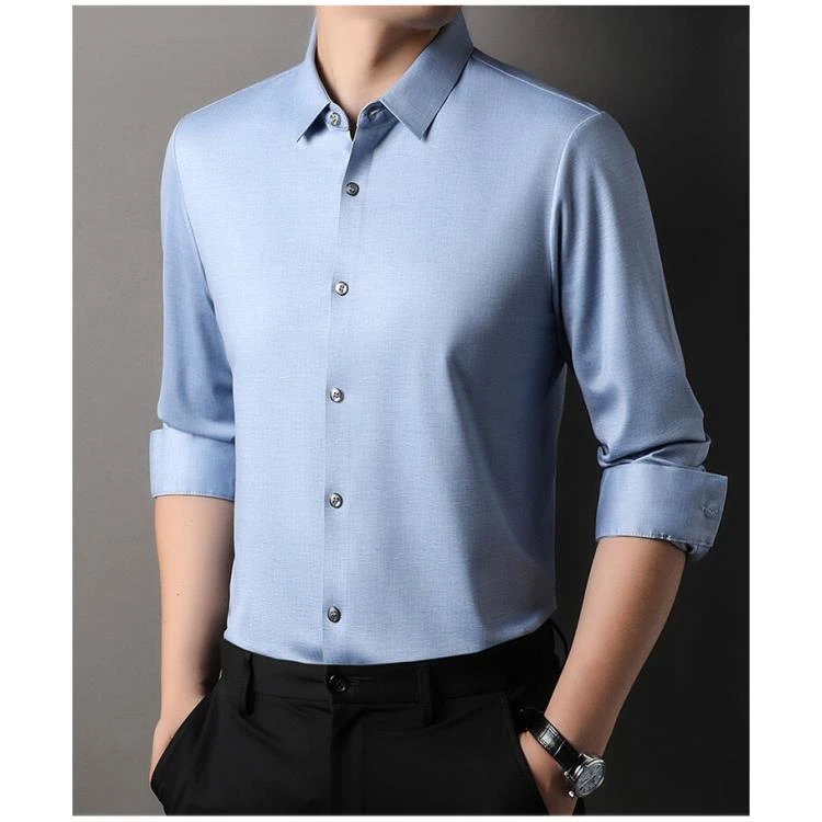 1231含绵羊毛衬衫长袖无痕高档中年薄款男士商务休闲春秋时尚