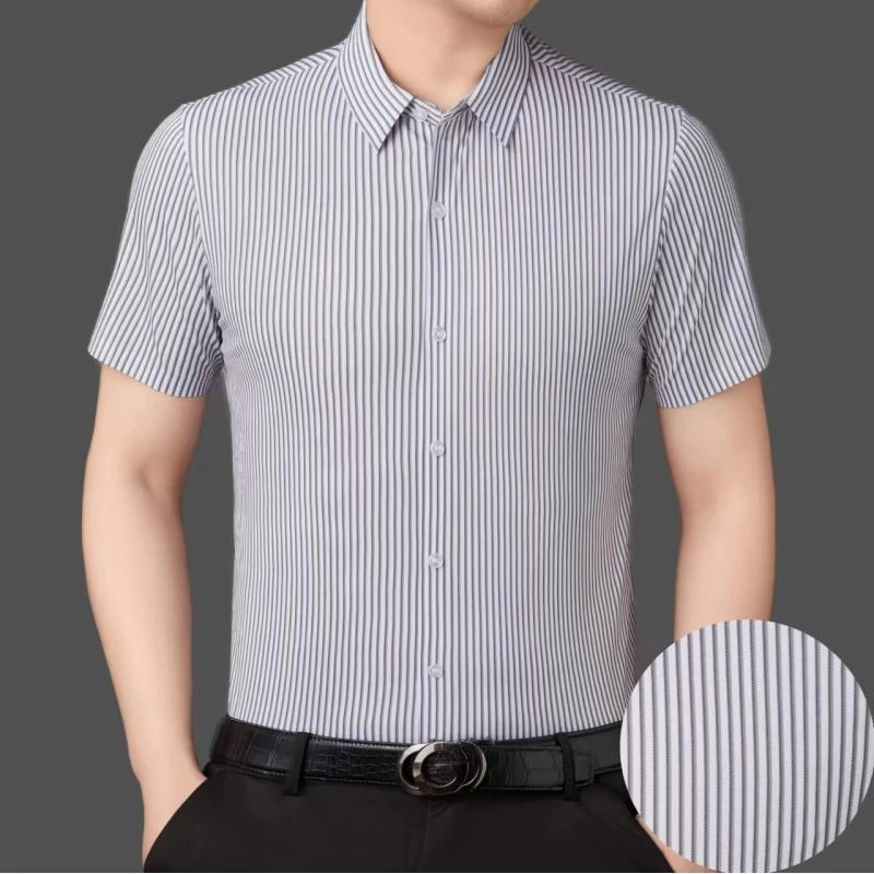 978灰白色含醋酸桑蚕丝短袖无痕夏季薄款男士商务高档抗皱衬衣