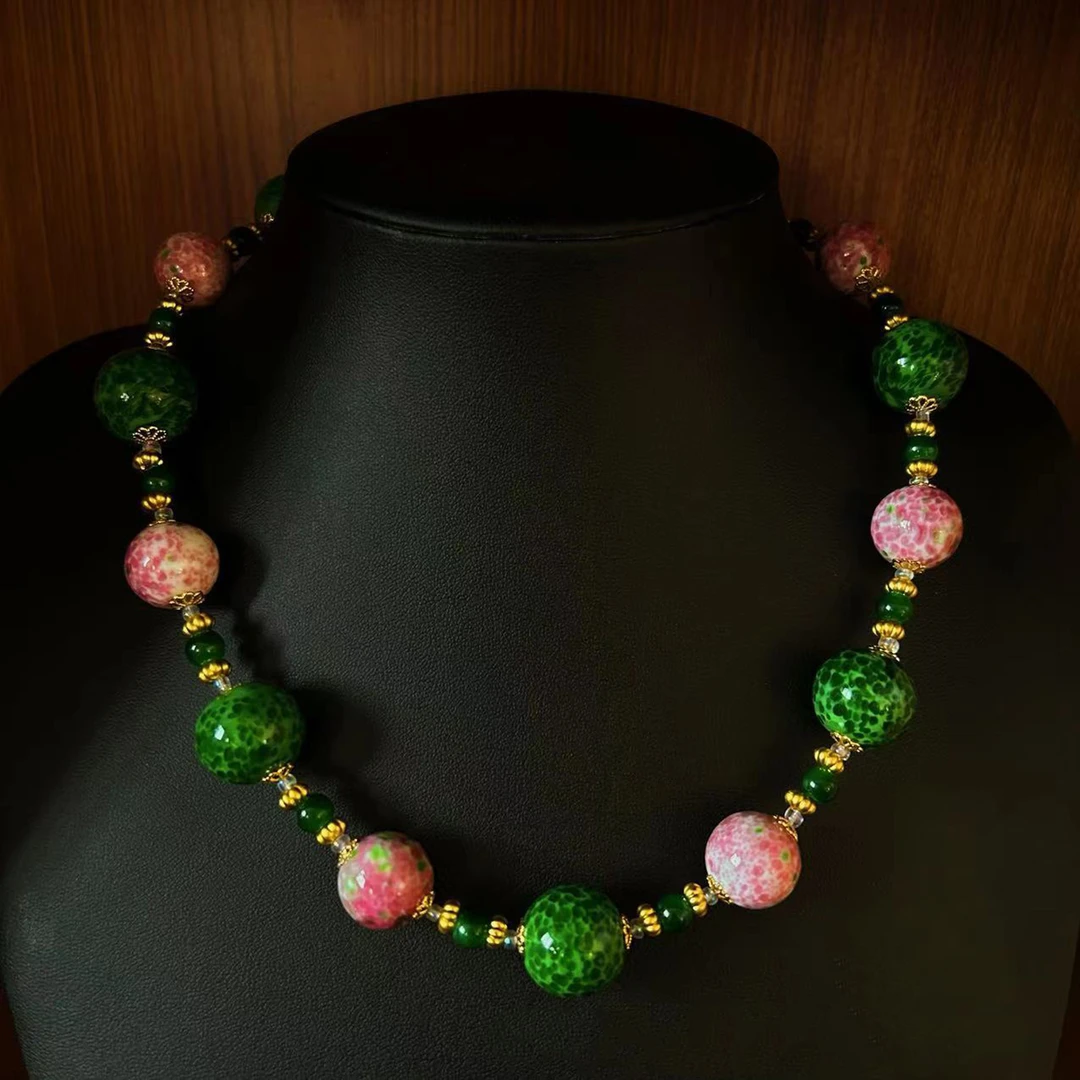 合金琉璃项链 【点翠】16mm绿粉蛙皮中古老料串珠项链耳坠套装F009