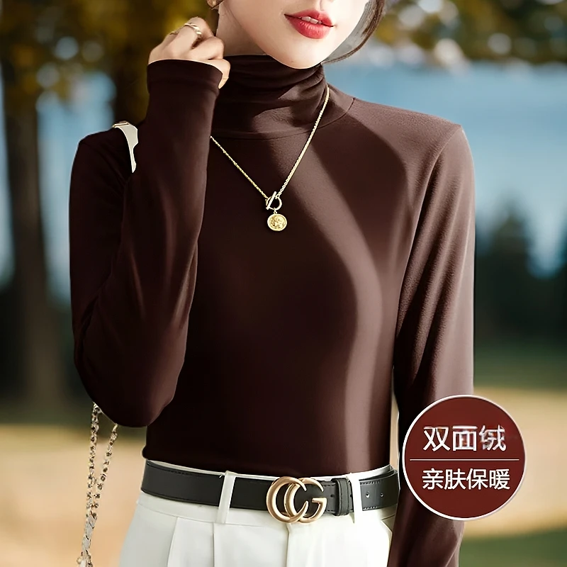 新款加绒加厚打底衫女内搭堆堆高领冬季德绒洋气百搭保暖时尚纯色