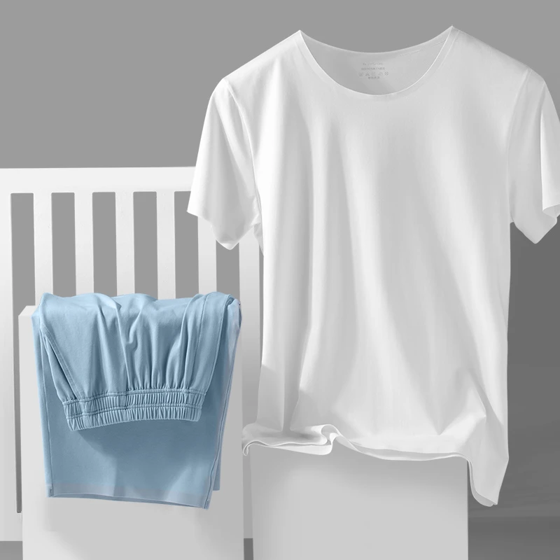 礼盒装纯色棉质无痕睡衣男夏季薄款短袖短裤套装睡裤可外穿家居服