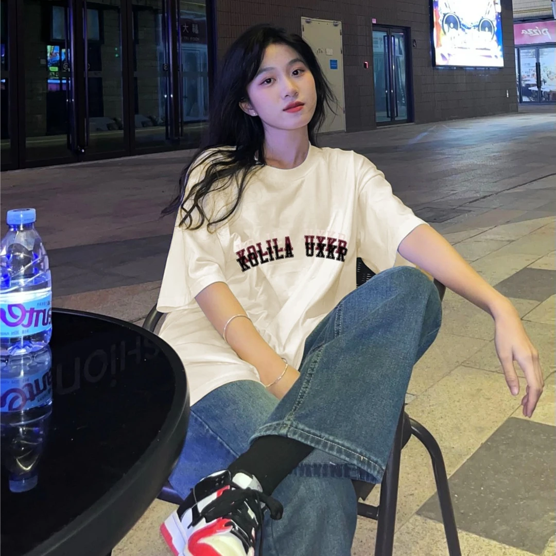 慵懒字母印花纯棉短袖T恤女学生潮牌韩版情侣装上衣服女装夏装ins