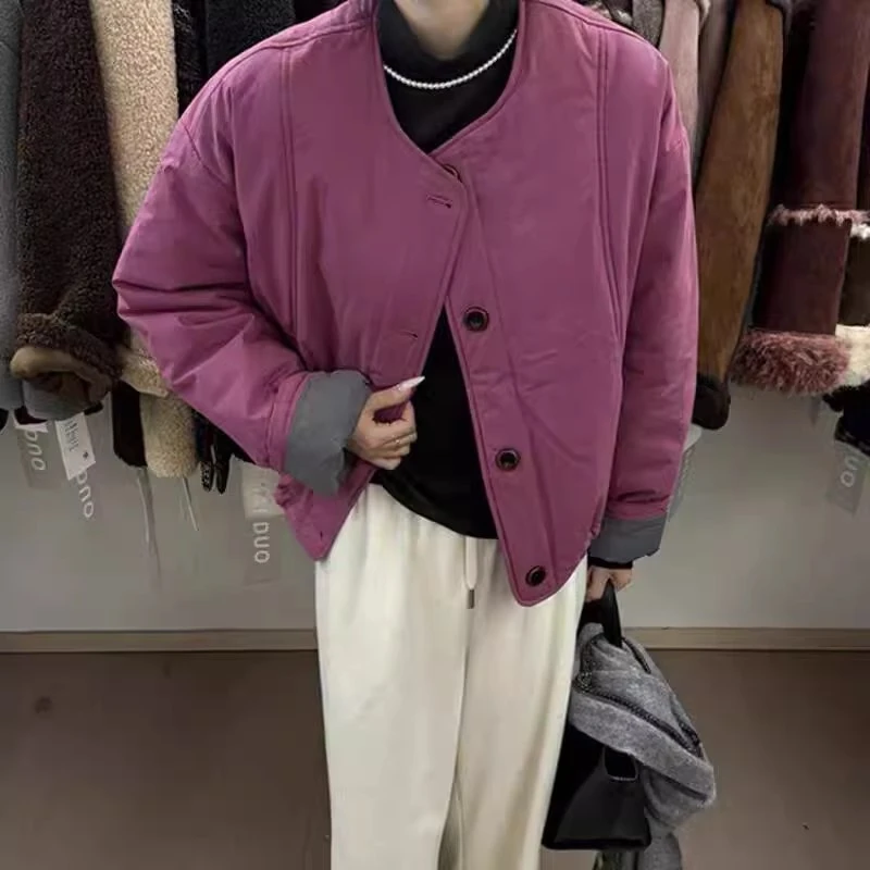 韩系圆领单排扣拼色棉服外套女欧洲站2024秋冬新款时尚简约棉衣潮