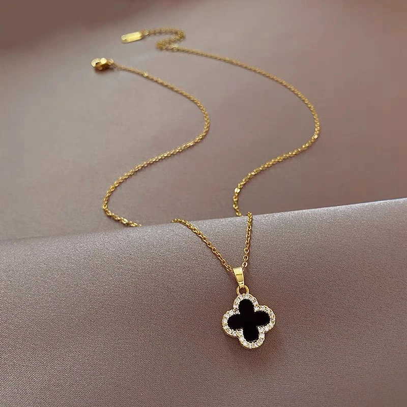 钛钢合成锆石吊坠 沃利双面四叶草项链895气质轻奢小众网红锁骨链