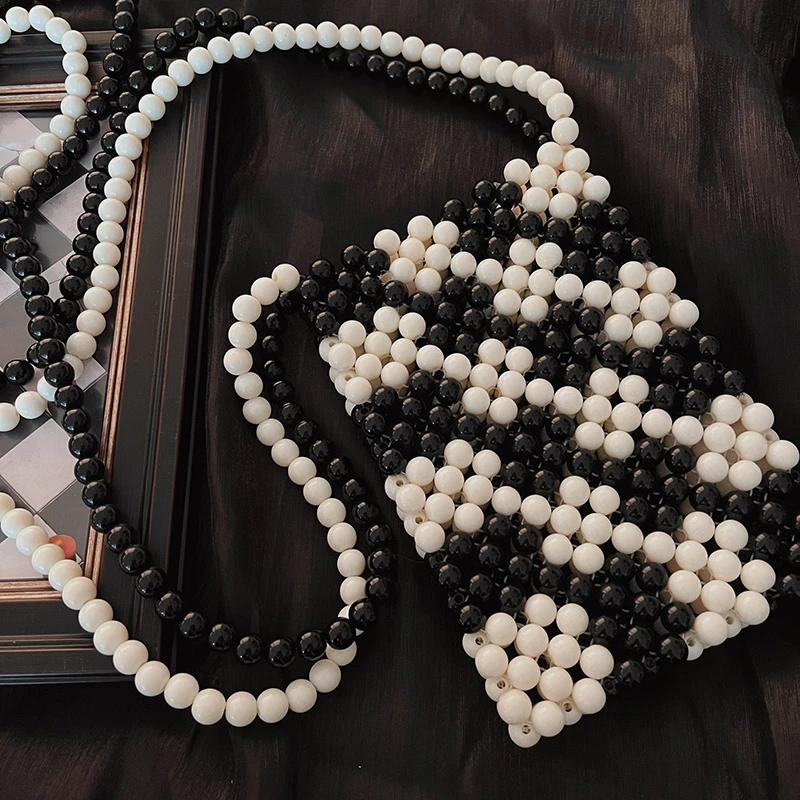 网红黑白棋格撞色串珠包diy手工编织材料包单肩斜挎手机包送教程