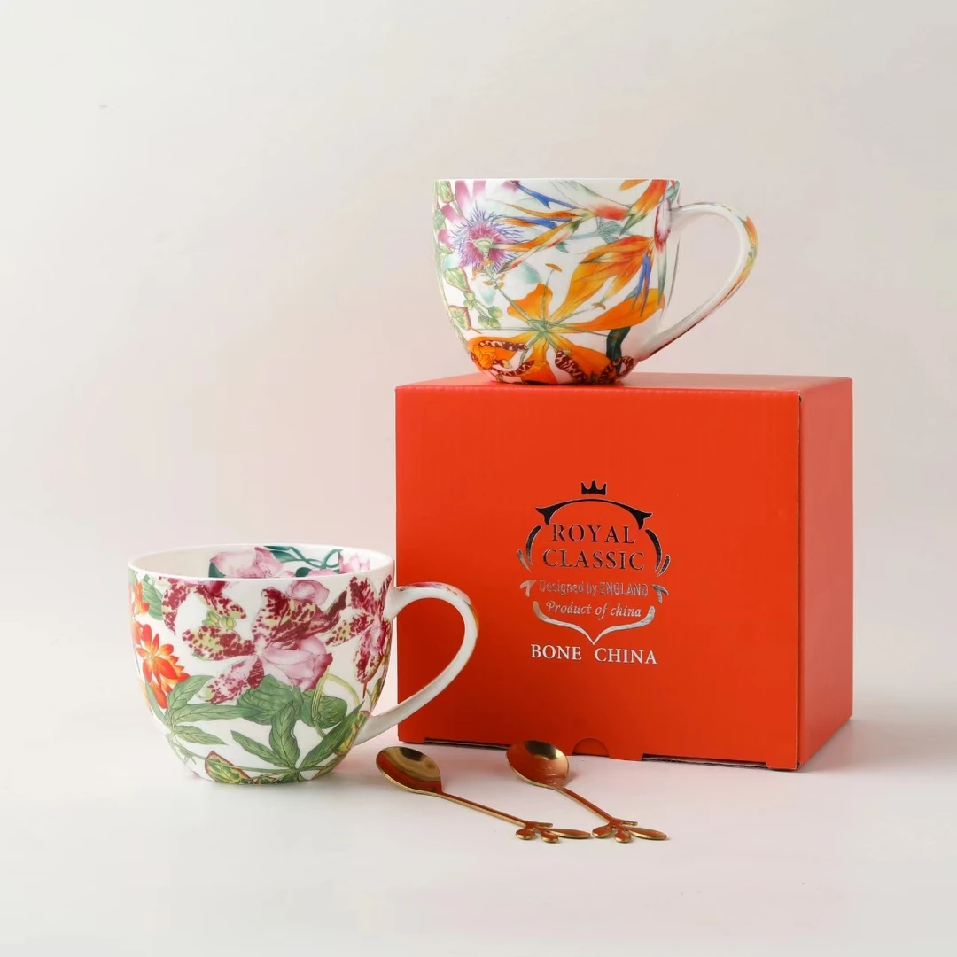 【奇居家饰】 高骨瓷天堂鸟配蝴蝶兰早餐马克杯 2个装#240604