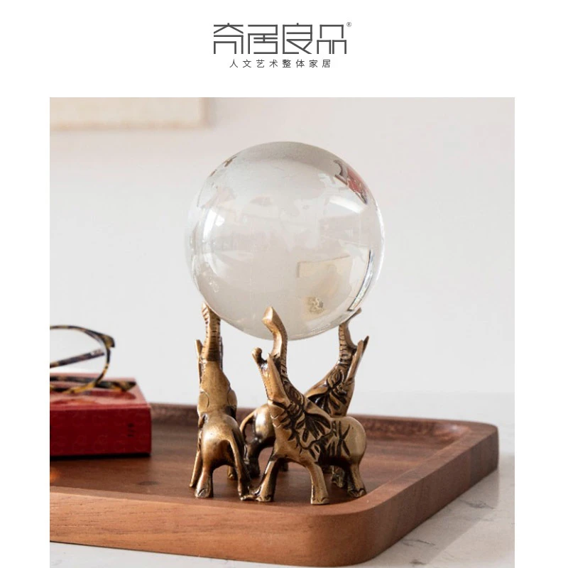 【奇居家饰清】进口黄铜大象驮水晶球摆件客厅#4810675