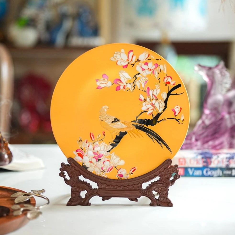 【奇居家饰】 艺术款 双面晶丝雕刻手工彩绘赏盘摆件 喜上眉梢