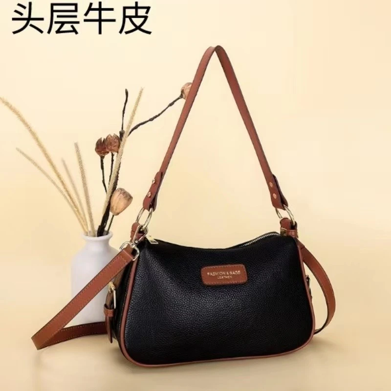 头层牛皮马鞍包月牙包轻奢时尚百搭女士黑色真皮单肩包气质&9683