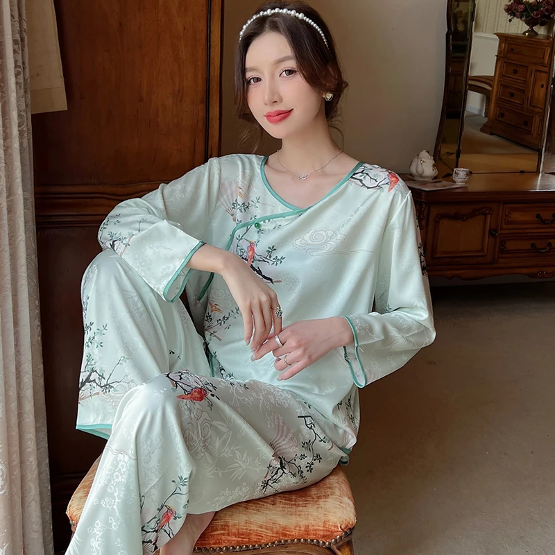 【睡美人】中式花卉冰丝睡衣女春秋季长袖套头国风高级感家居服套装
